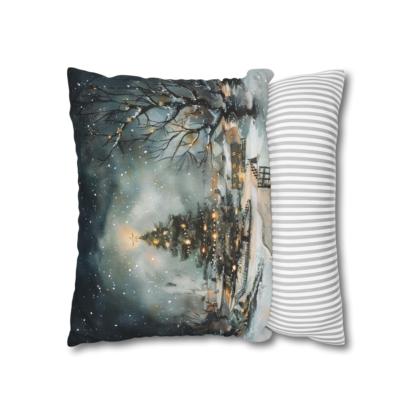 Winter Wonderland Glow: Christmas Tree Illuminating a Snowy Village Spun Polyester Square Pillowcase 4 Sizes