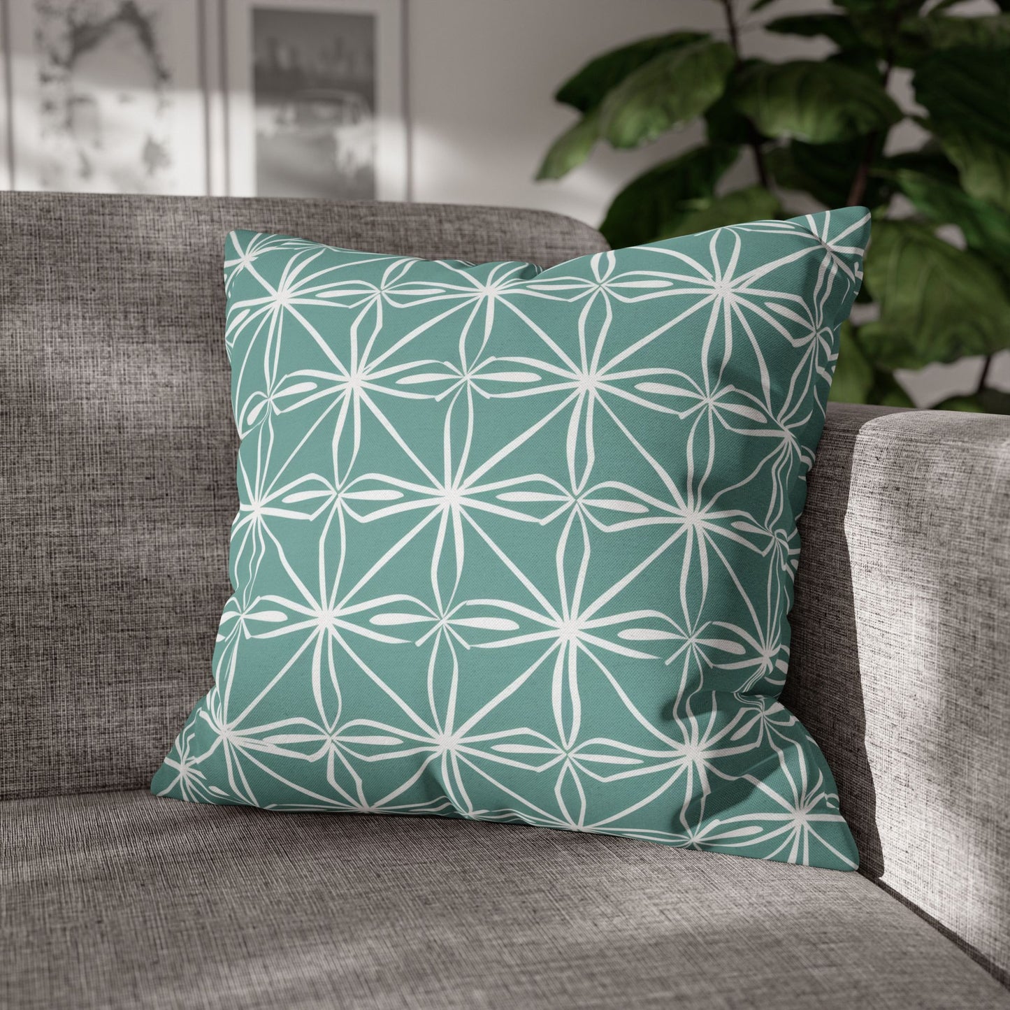 Elegant Minimalist Geometric Line Art in White and Teal Pattern Spun Polyester Square Pillowcase 4 Sizes