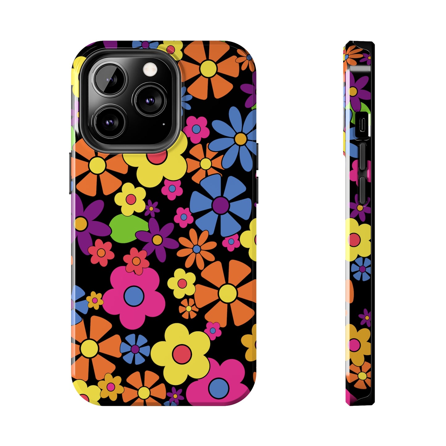 Flower Power Design on Black Background Iphone Tough Phone Case