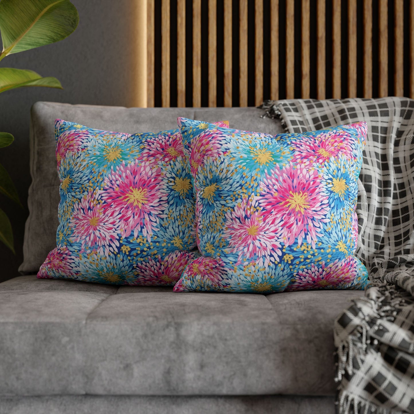 Pastel Harmony: Watercolor Chrysanthemums in Pink, Blue, and Yellow Spun Polyester Square Pillowcase 4 Sizes