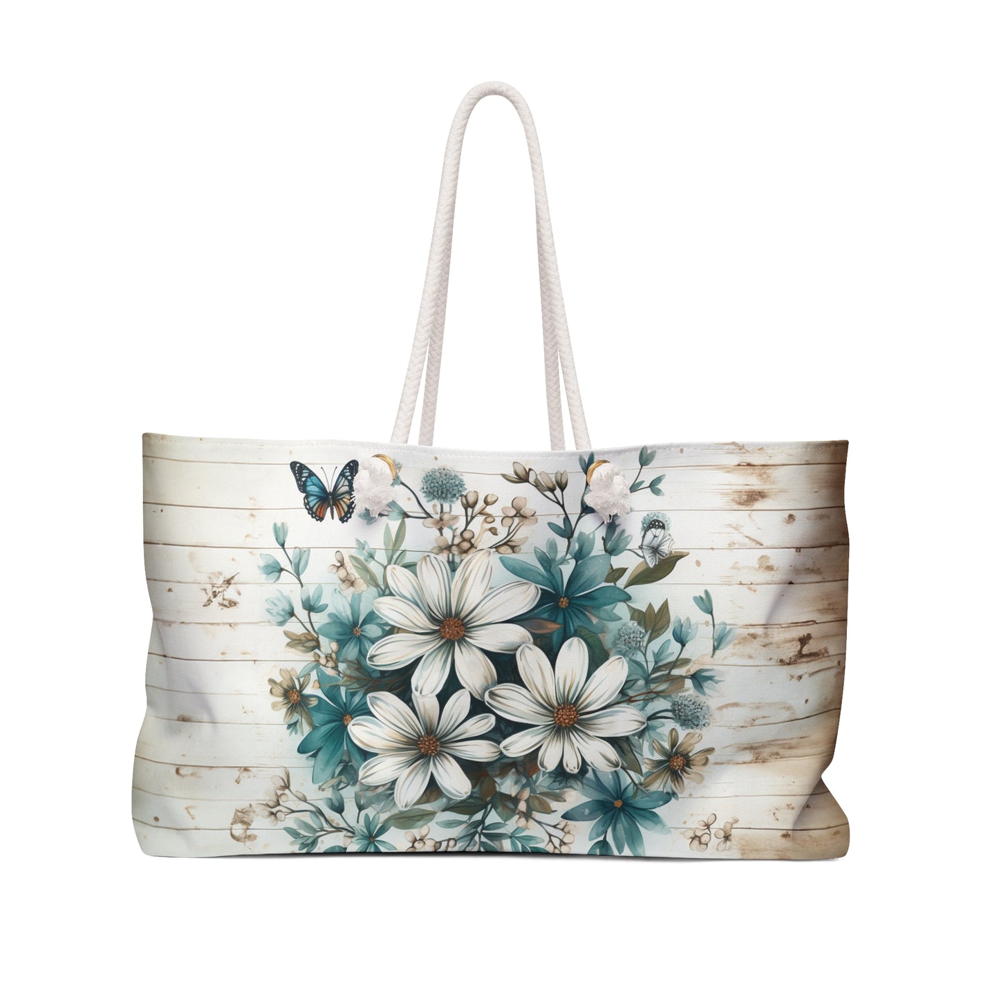 Rustic Charm Bouquet featuring Teal Accents White Wild Daisies with Butterflies  Weekender Oversized Canvas Tote Bag 24" × 13"