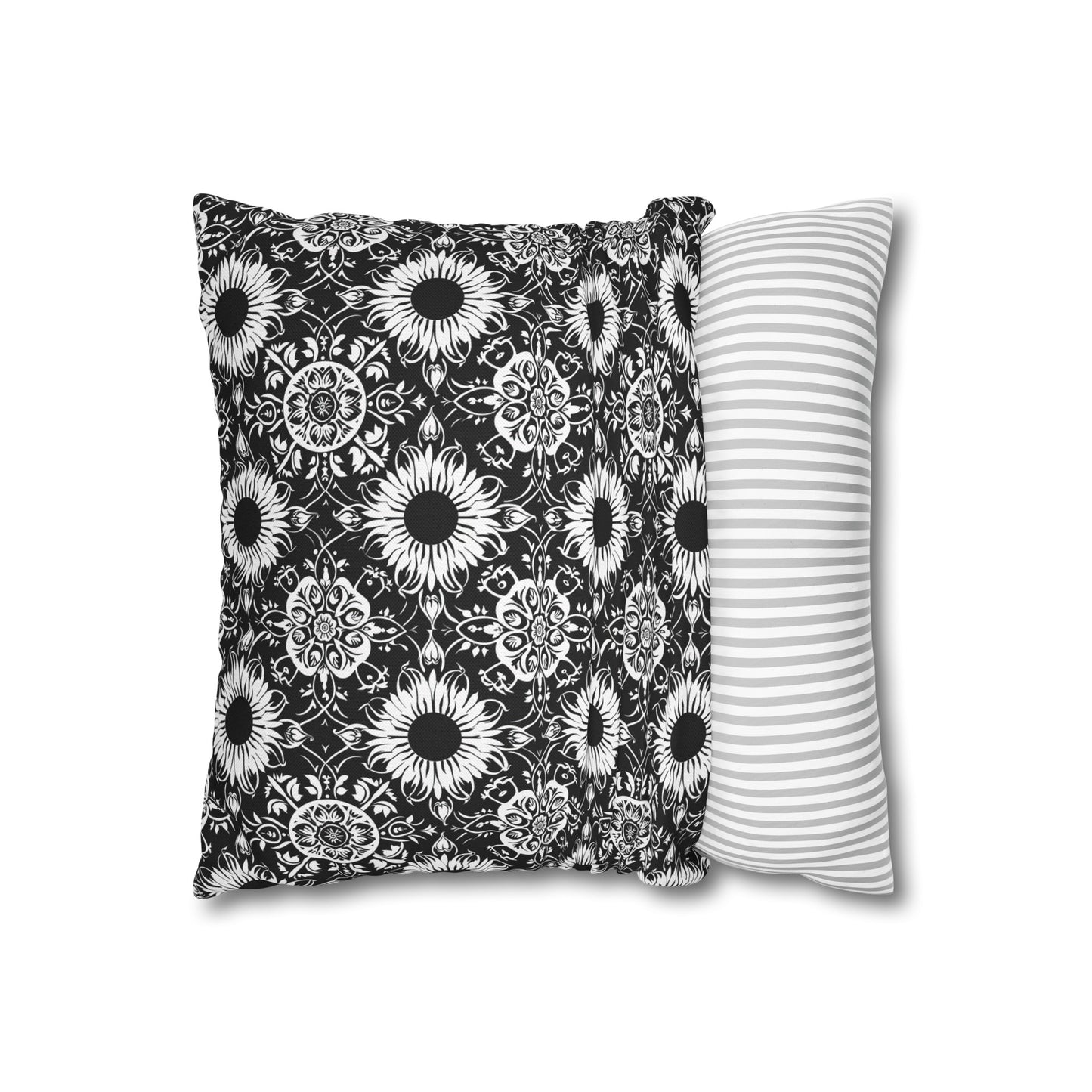 Elegant Mandala Design with Black and White Sunflowers Spun Polyester Square Pillowcase 4 Sizes