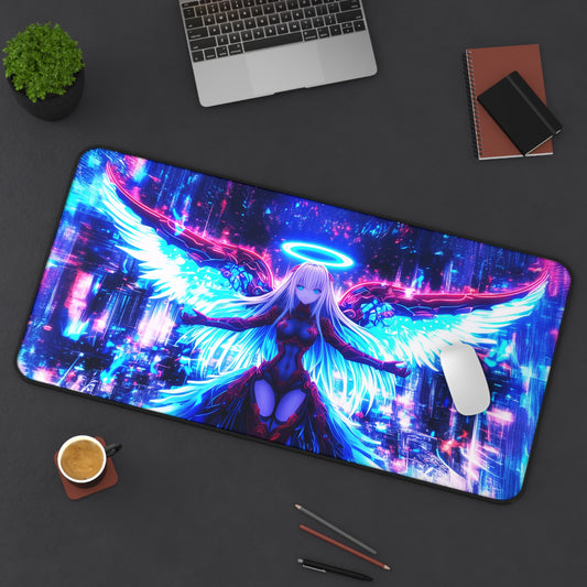 Anime Neon Cyber Angel Mousepad, Anime Warrior Desk Mat, Extra Large Mousepad, Gaming Desk Mat, Desktop Accessory