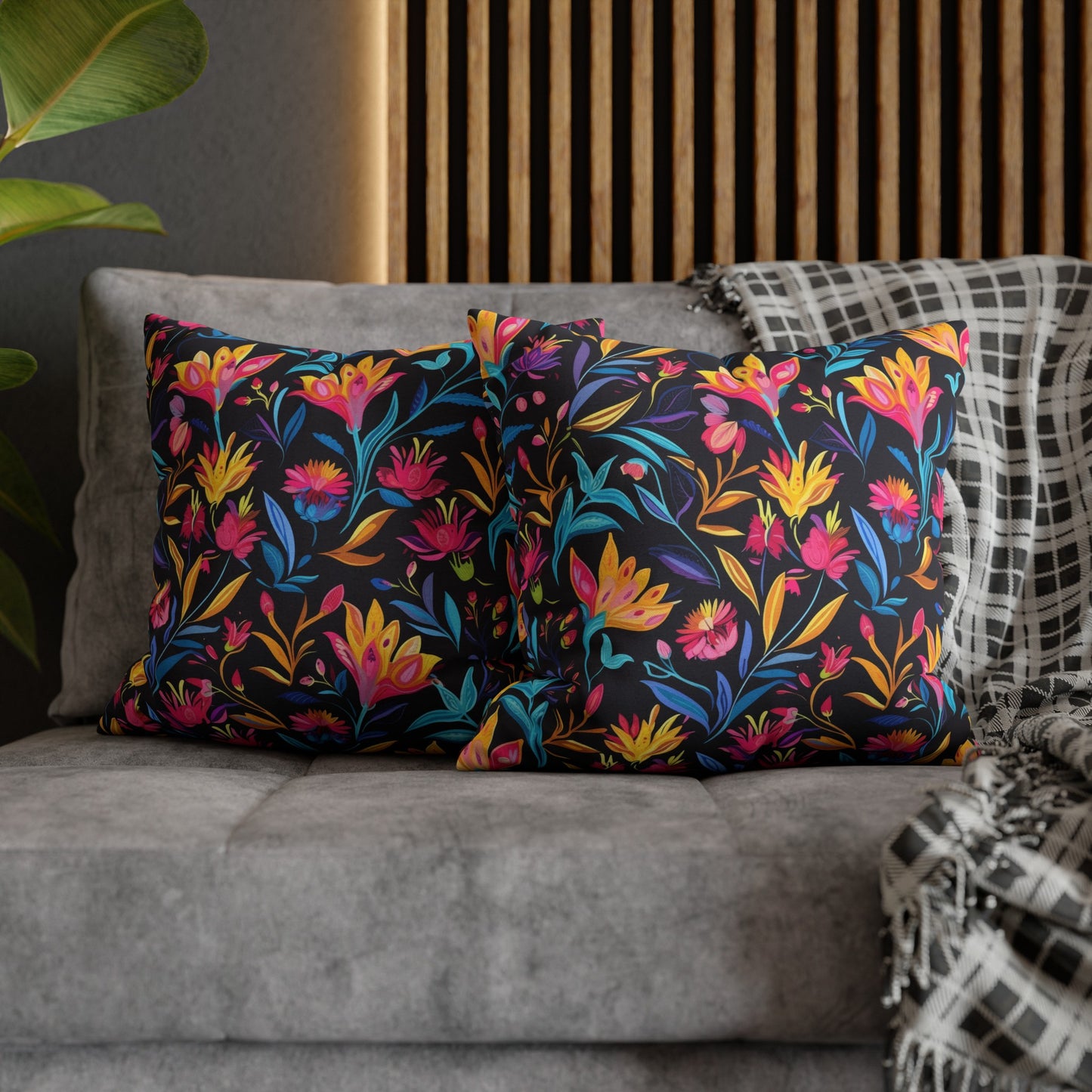 Vibrant Floral Fantasy in Midnight Garden Design Spun Polyester Square Pillowcase 4 Sizes