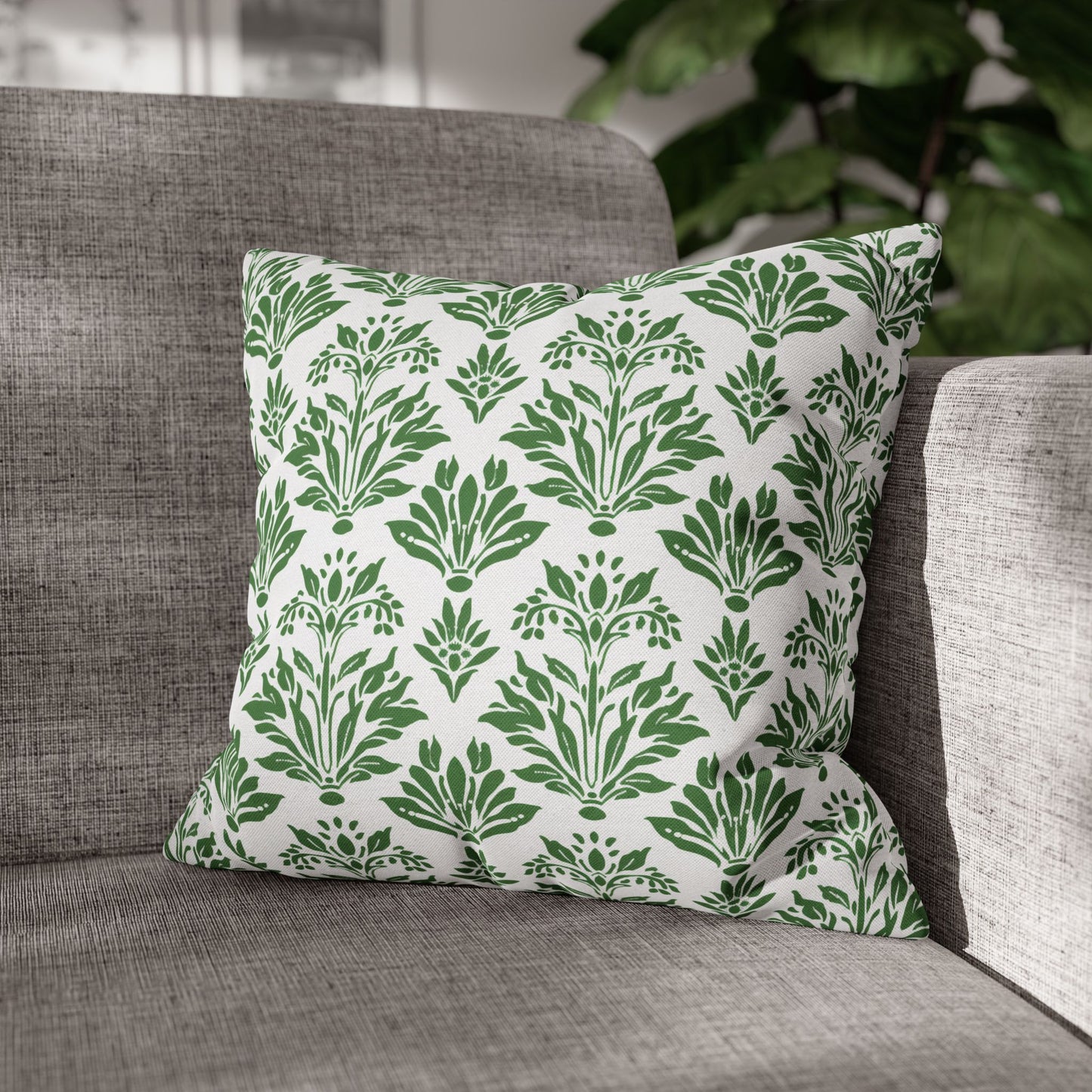 Green Floral Indian Block Print Pattern Spun Polyester Square Pillowcase 4 Sizes