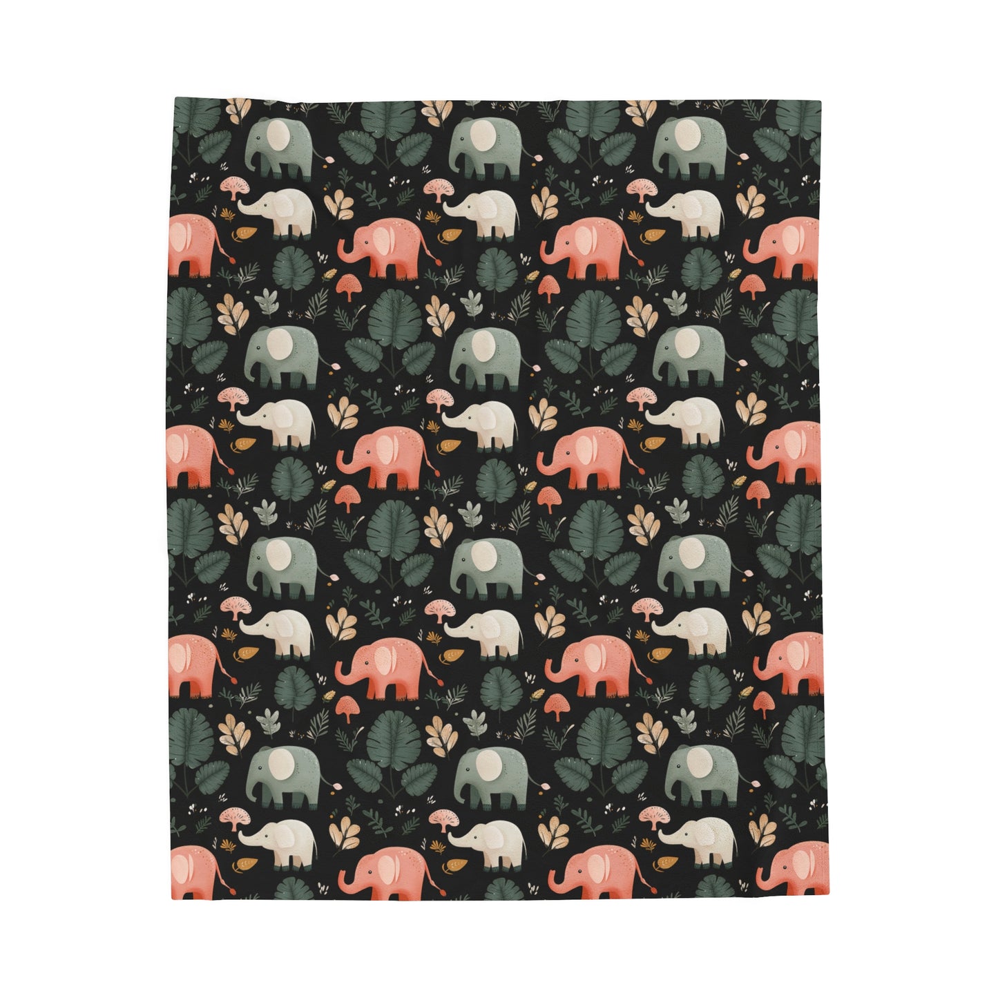 Whimsical Elephant Parade Cute Jungle Animal Art Print with Tropical Foliage on Black Velveteen Plush Blanket 3 Sizes