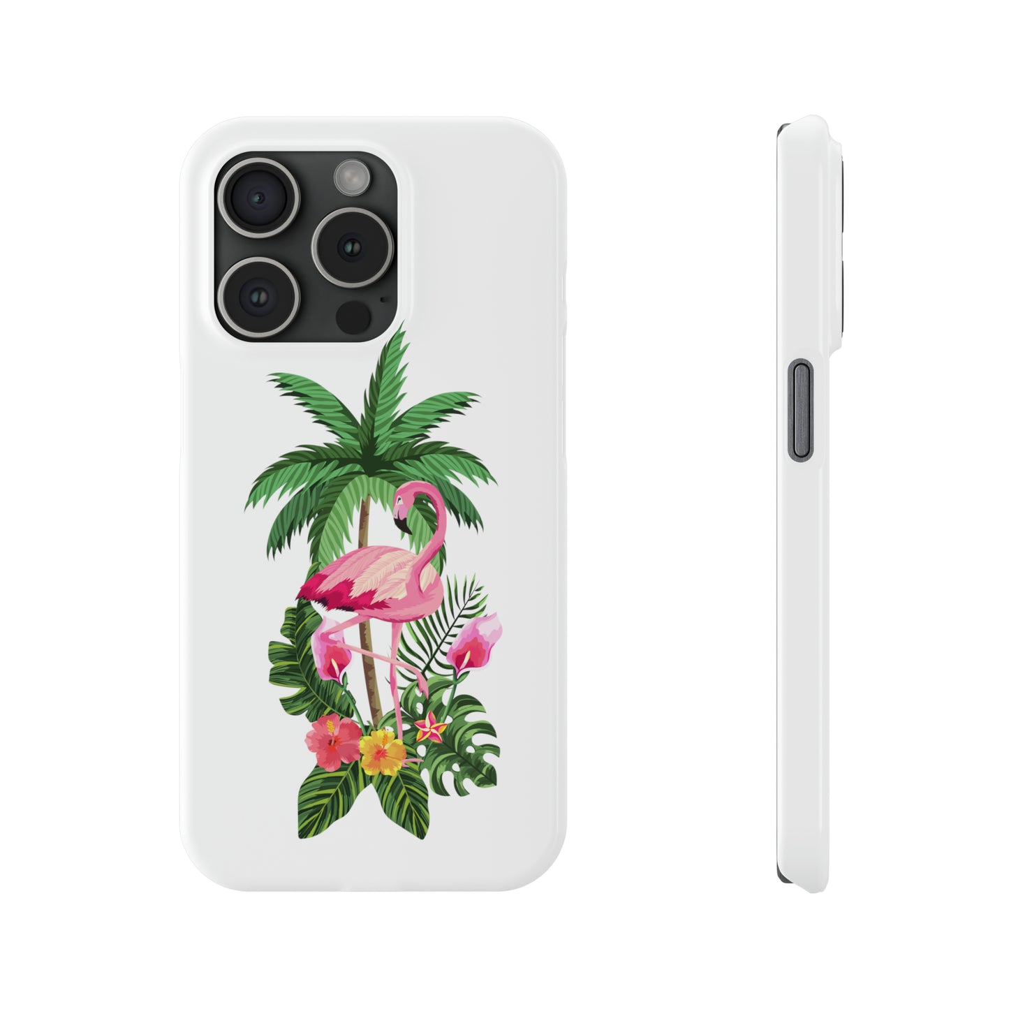 Tropical Pink Flamingo and Flowers White Background Iphone 15-12 Slim Phone Case