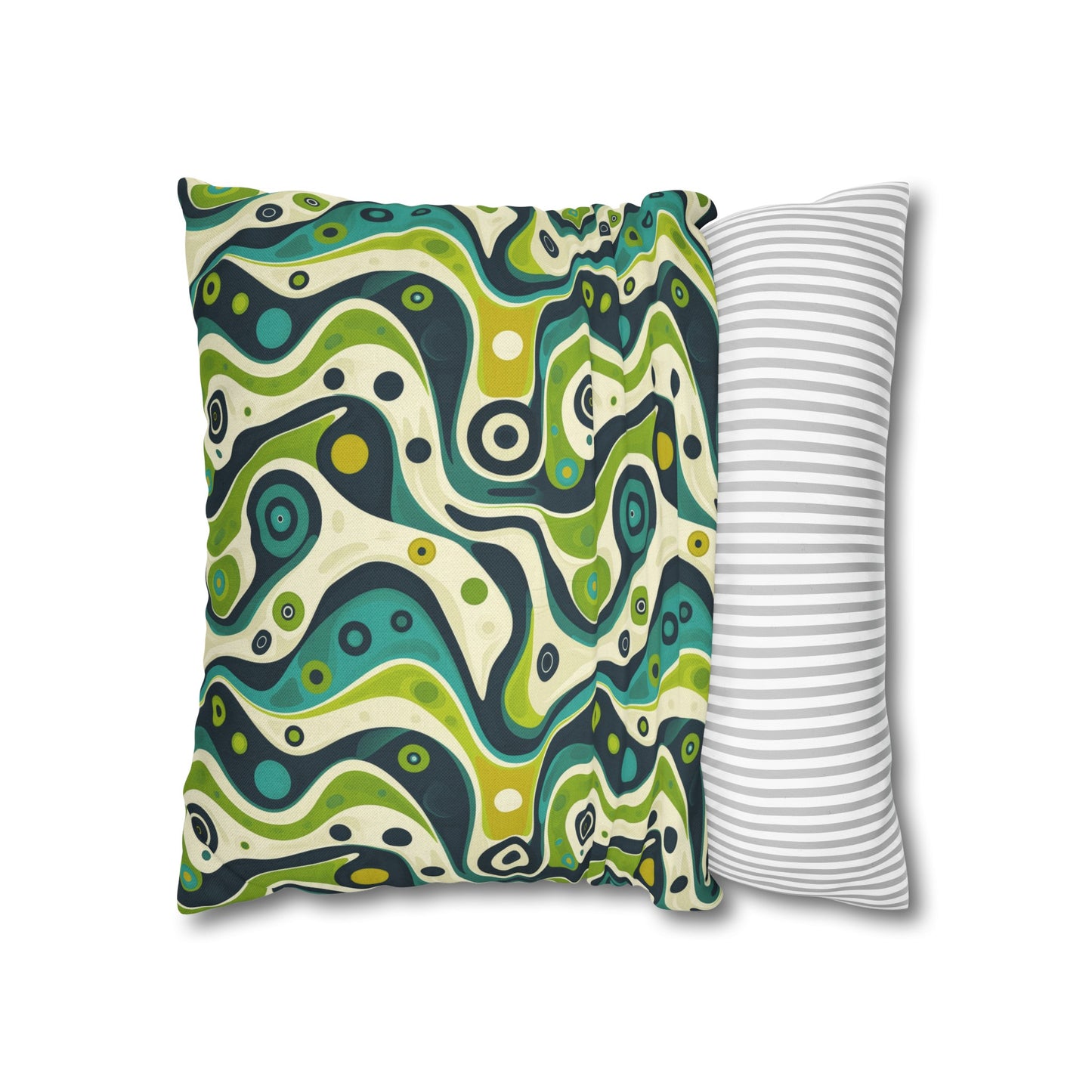 Groovy Retro Greens and Blues Abstract Waves Spun Polyester Square Pillowcase 4 Sizes