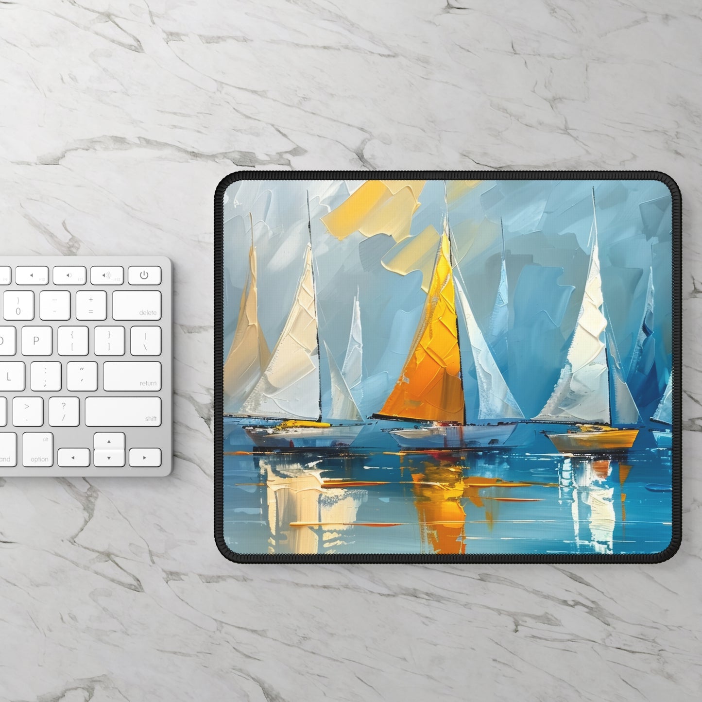 Sailboats Gliding on the Open Sea, Bathed in the Warm Glow of the Setting Sun Gaming Mouse Pad with Finished Edges