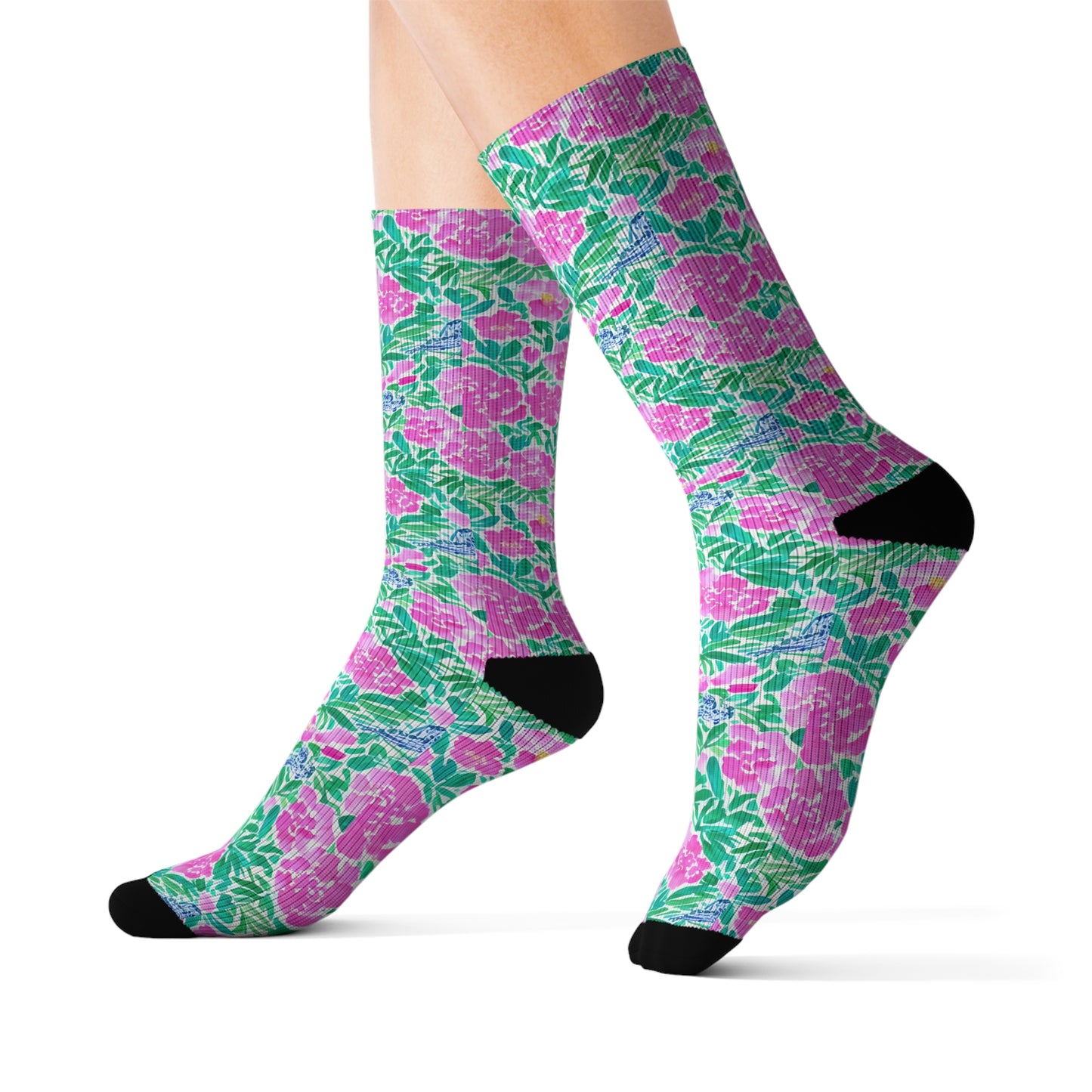 Springtime Whispers: Tiny Birds and Pink Blooms, Subtle Blue Accents, and Lush Green Leaves Ribbed Crew Socks