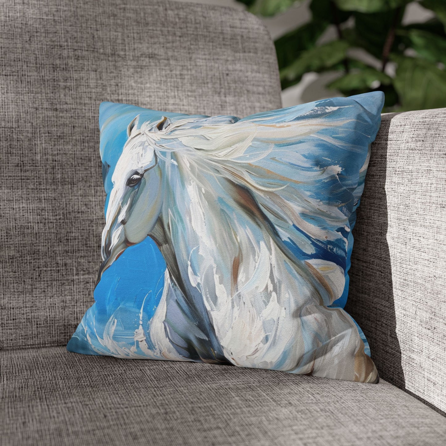 Majestic White Stallion Galloping Along the Oceans Edge Spun Polyester Square Pillowcase 4 Sizes