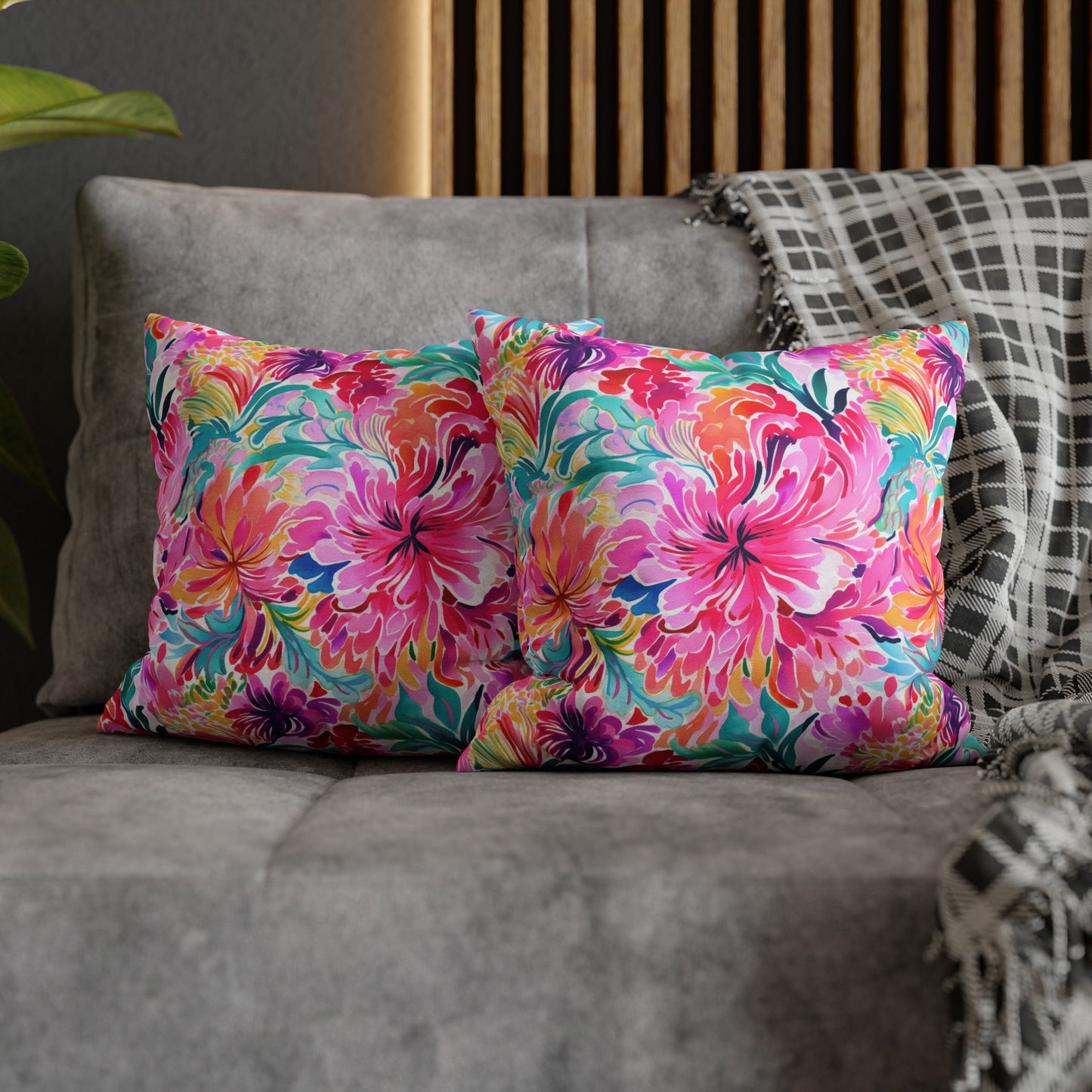 Rainbow Tropics: Watercolor Flowers in Vibrant Pink, Green and Orange Hues Spun Polyester Square Pillowcase 4 Sizes