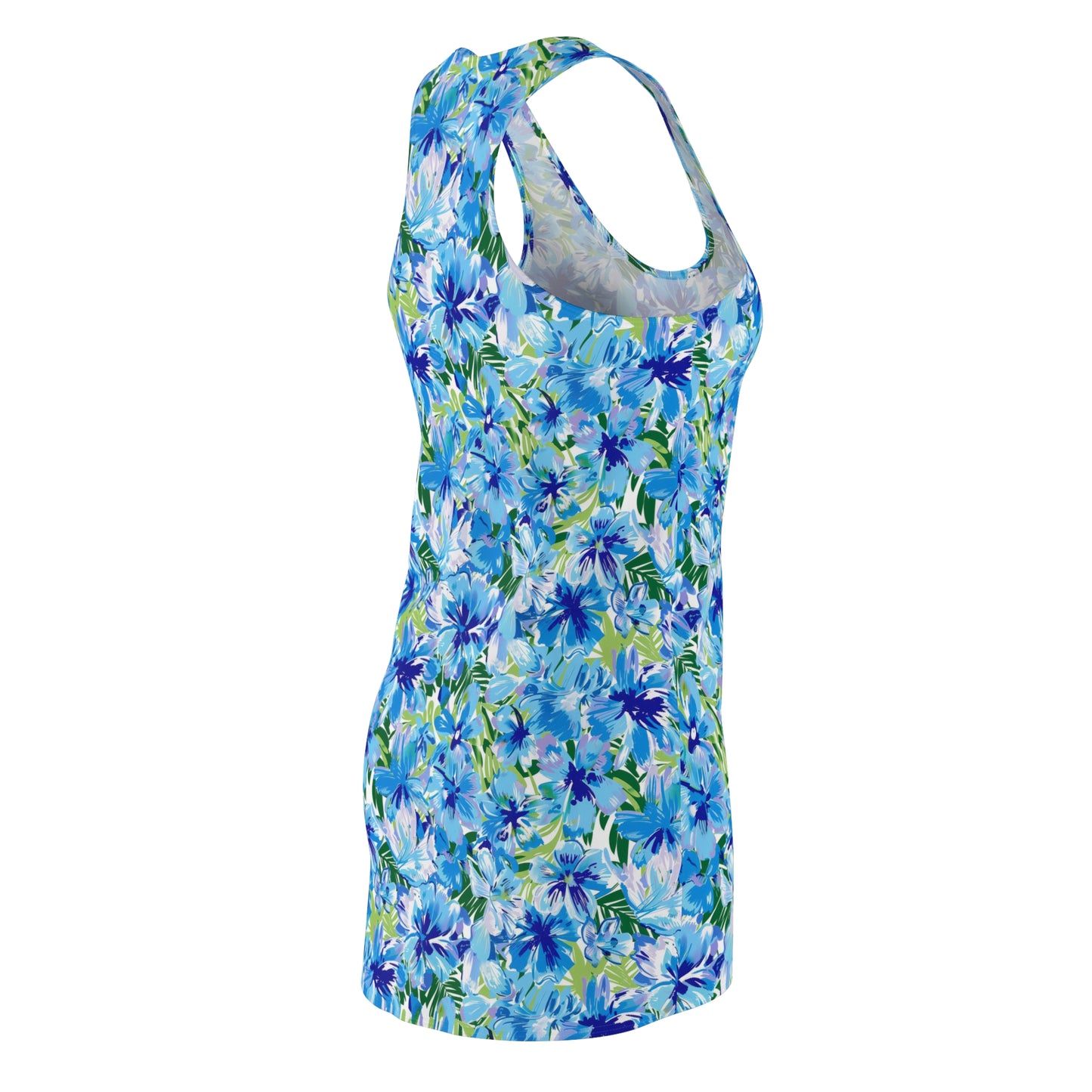 Azure Bloom Oasis: Bright Blue Large Flowers with Lush Green Palm Leaves Women's Racerback Dress XS - 2XL