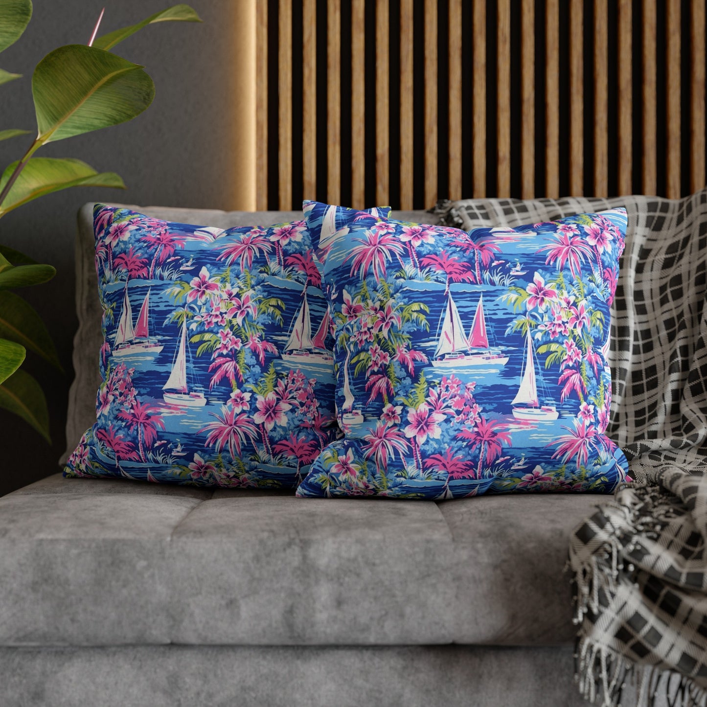 Sailing Tropics: Watercolor Sailboats Amidst Ocean Waves, Tropical Flowers, and Palm Trees Spun Polyester Square Pillowcase 4 Sizes