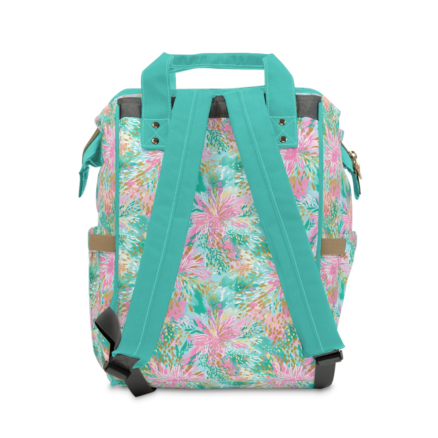 Soft Petal Symphony: Pastel Pink and Green Watercolor Flower Bursts Multifunctional Diaper Backpack