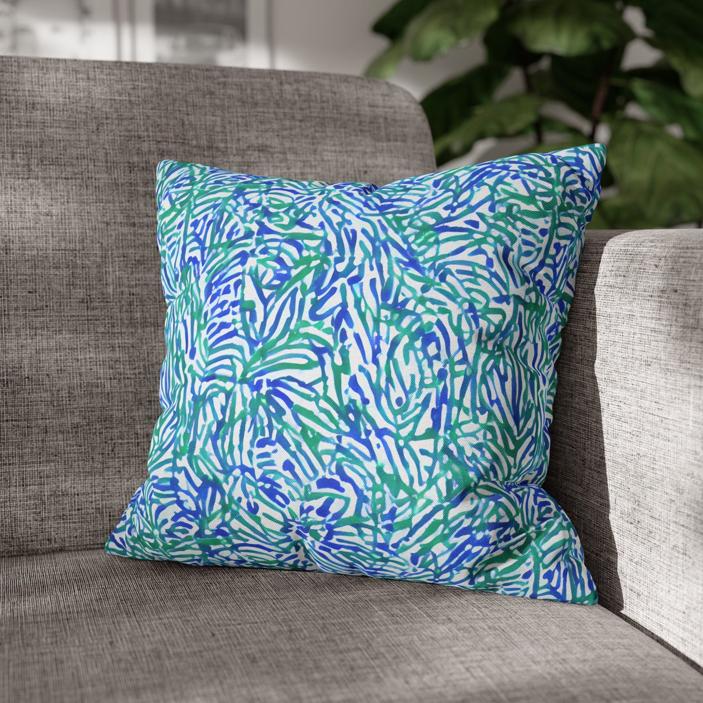 Tropical Fusion: Abstract Palm Leaves in Lime Green and Blue Hues  Spun Polyester Square Pillowcase 4 Sizes