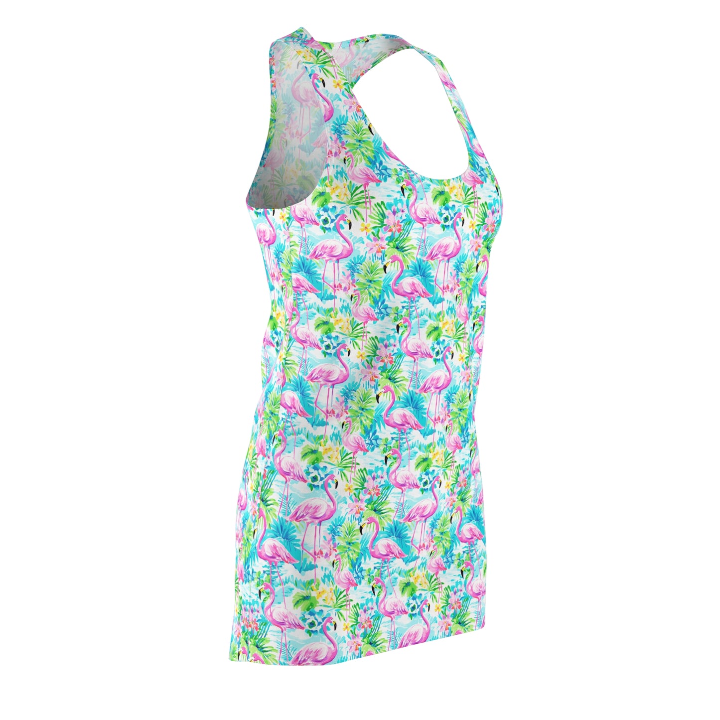 Tropical Flamingo Haven: Surrounded by Flowers and Palm Trees Women's Racerback Dress XS - 2XL