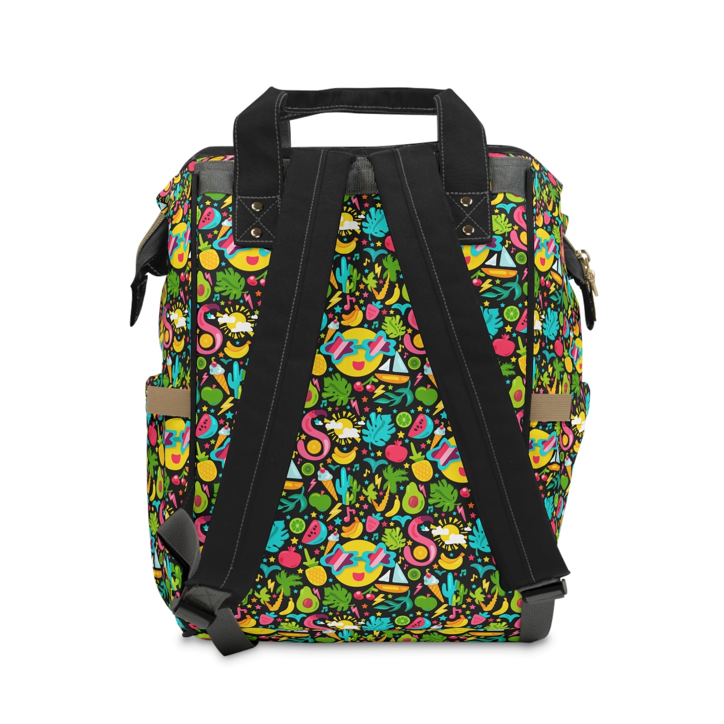 Island Vibes: Tropical Kids Summer Fruits, Boats, Flamingos, and the Sun in Black Multifunctional Diaper Backpack