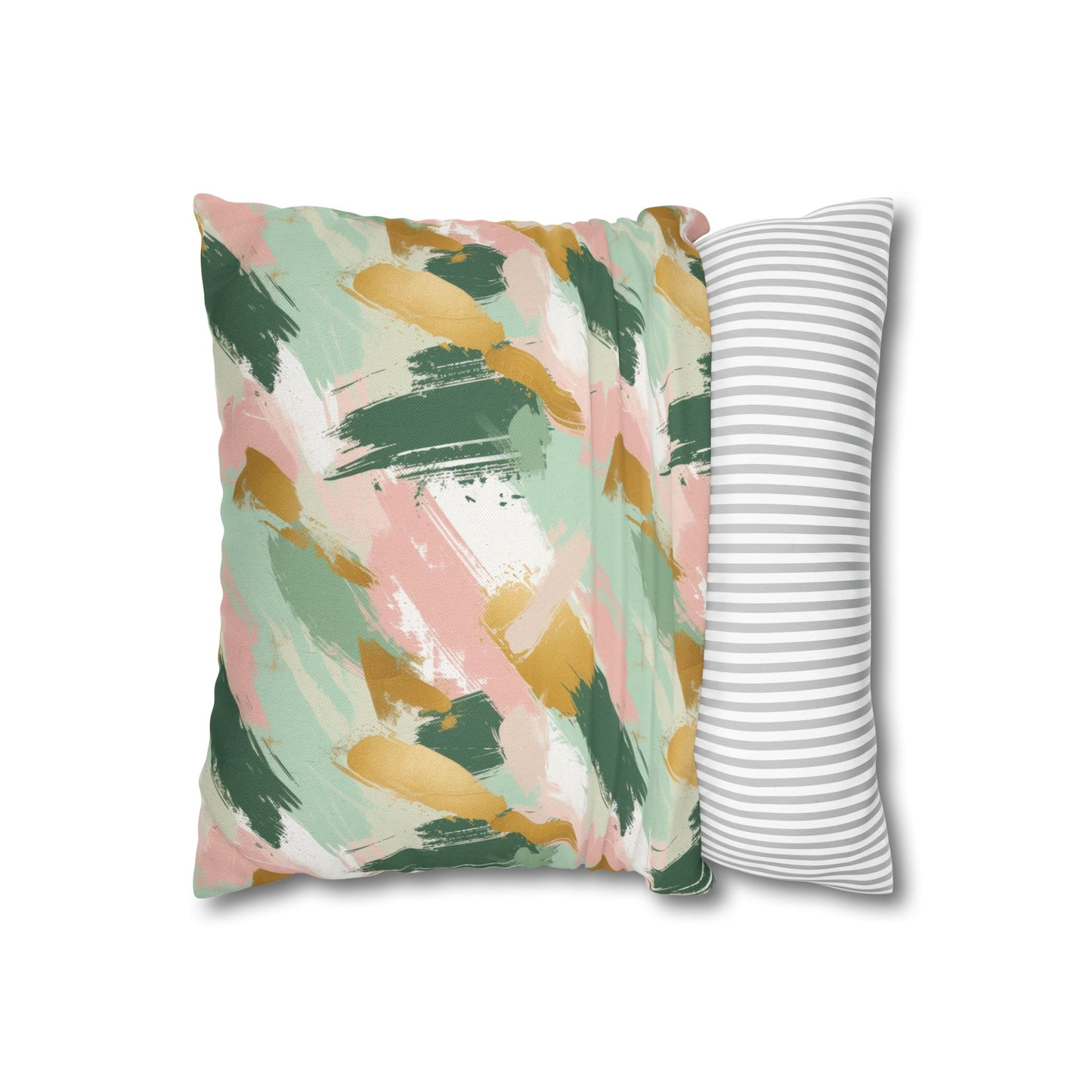 Spring Brushstrokes Abstract in Light Green, Pink, and Gold Spun Polyester Square Pillowcase 4 Sizes