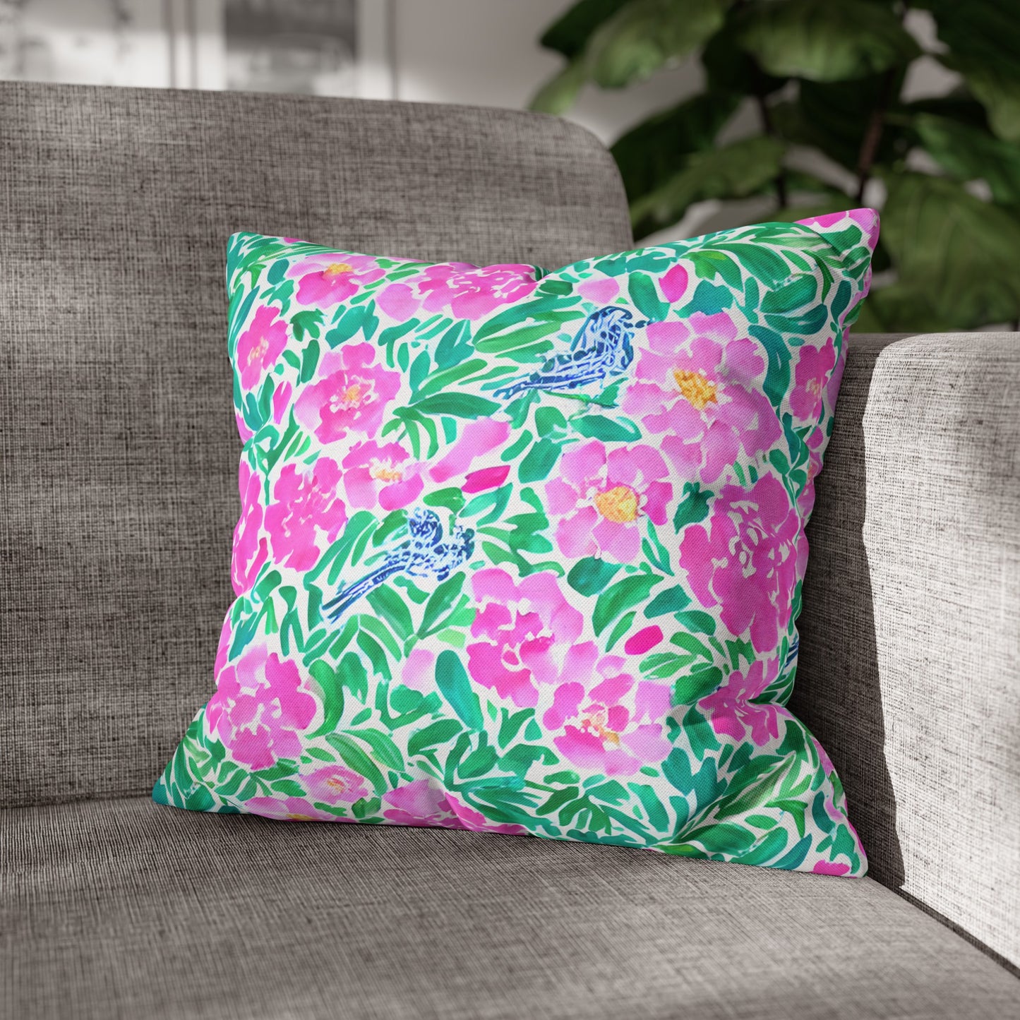 Springtime Whispers: Tiny Birds and Pink Blooms, Subtle Blue Accents, and Lush Green Leaves Spun Polyester Square Pillowcase 4 Sizes