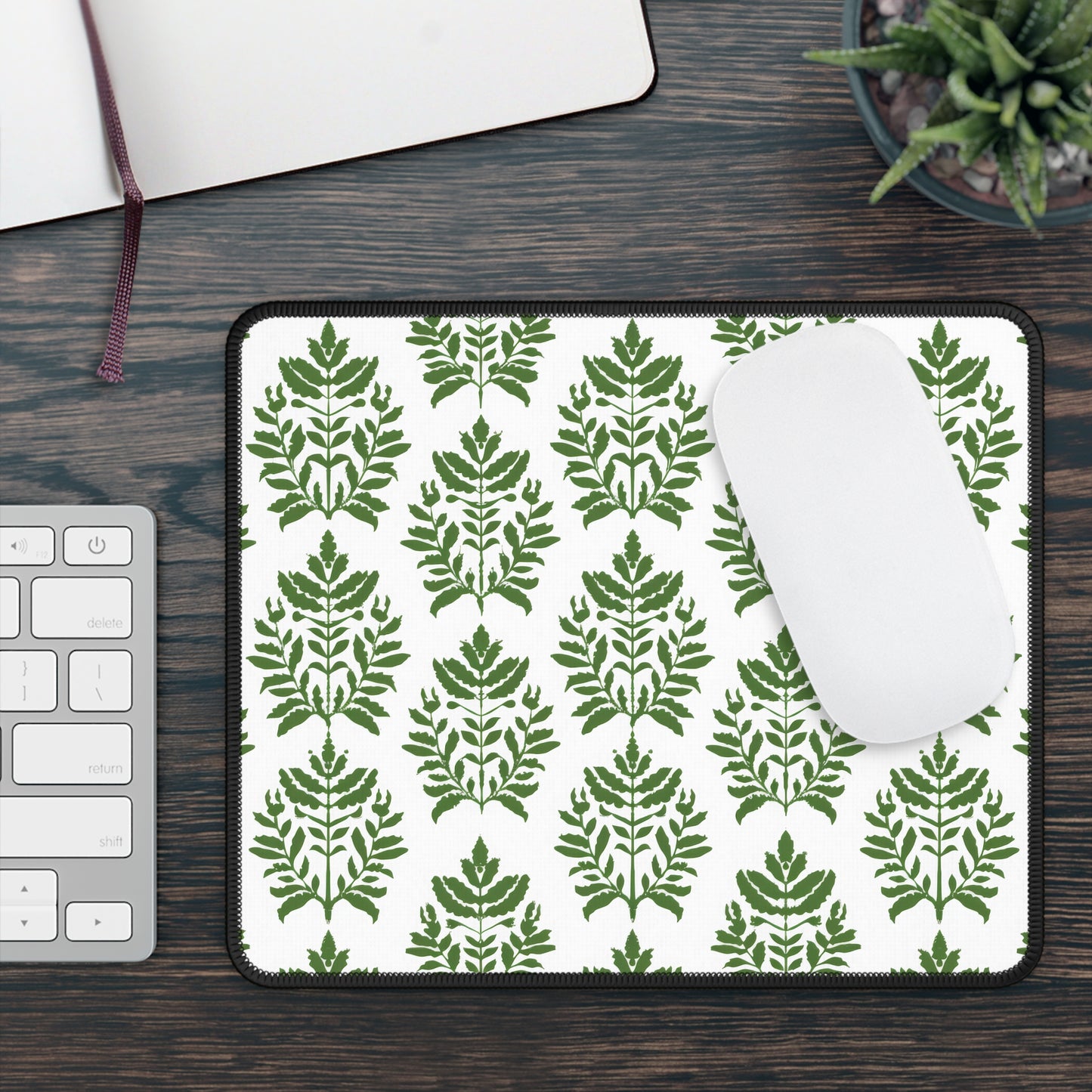 Verdant Harmony in Elegant Green Botanical Block Print Pattern Mouse Pad with Finished Edges