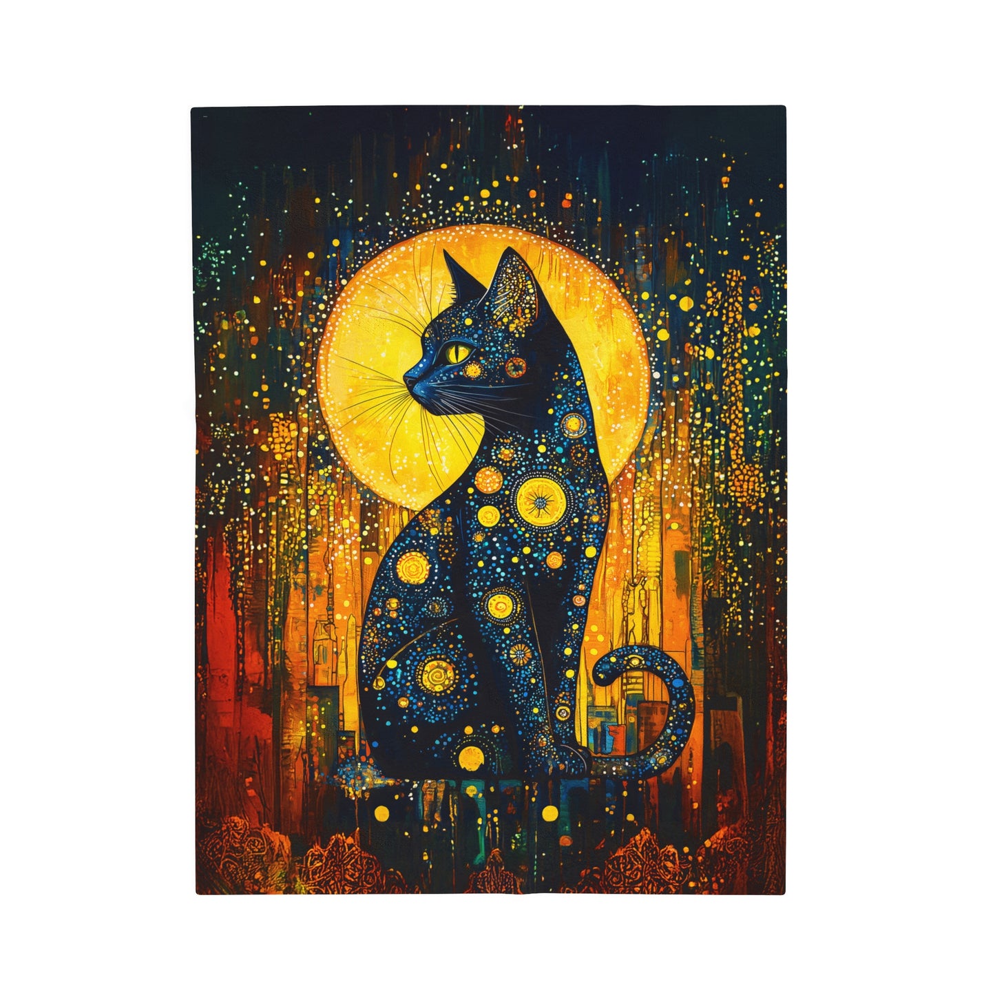 Celestial Cat Adorned in Cosmic Orbs and Starlit Splendor Velveteen Plush Blanket 3 Sizes