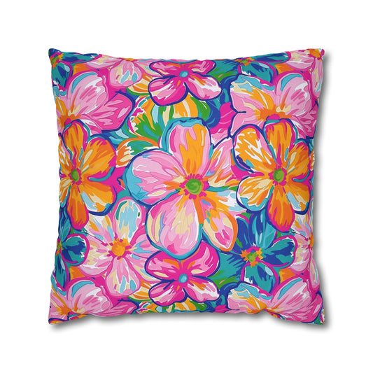 Chromatic Blossoms: Large Watercolor Flowers in Mixed Pinks, Blues, and Oranges Spun Polyester Square Pillowcase 4 Sizes