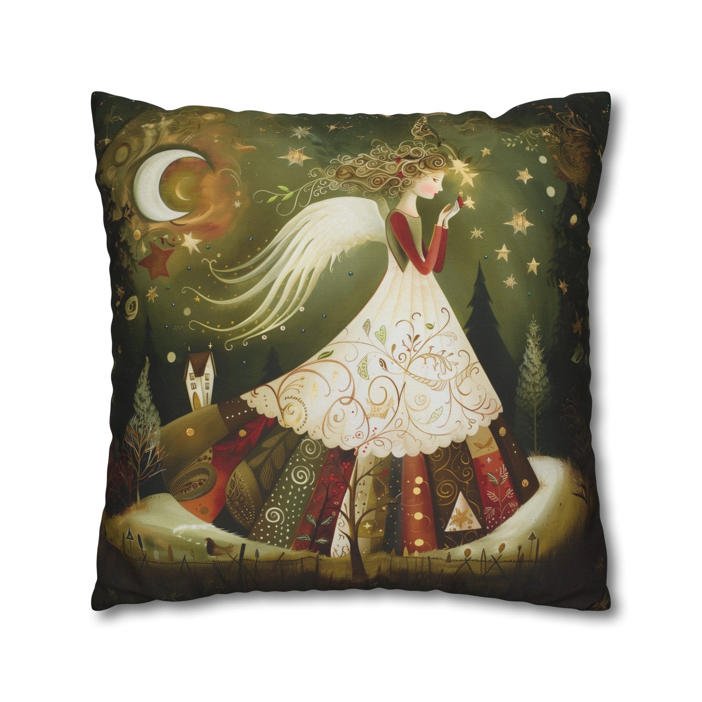 Christmas Angel in Tapestry Dress Amidst a Starlit Forest Spun Polyester Square Pillowcase 4 Sizes