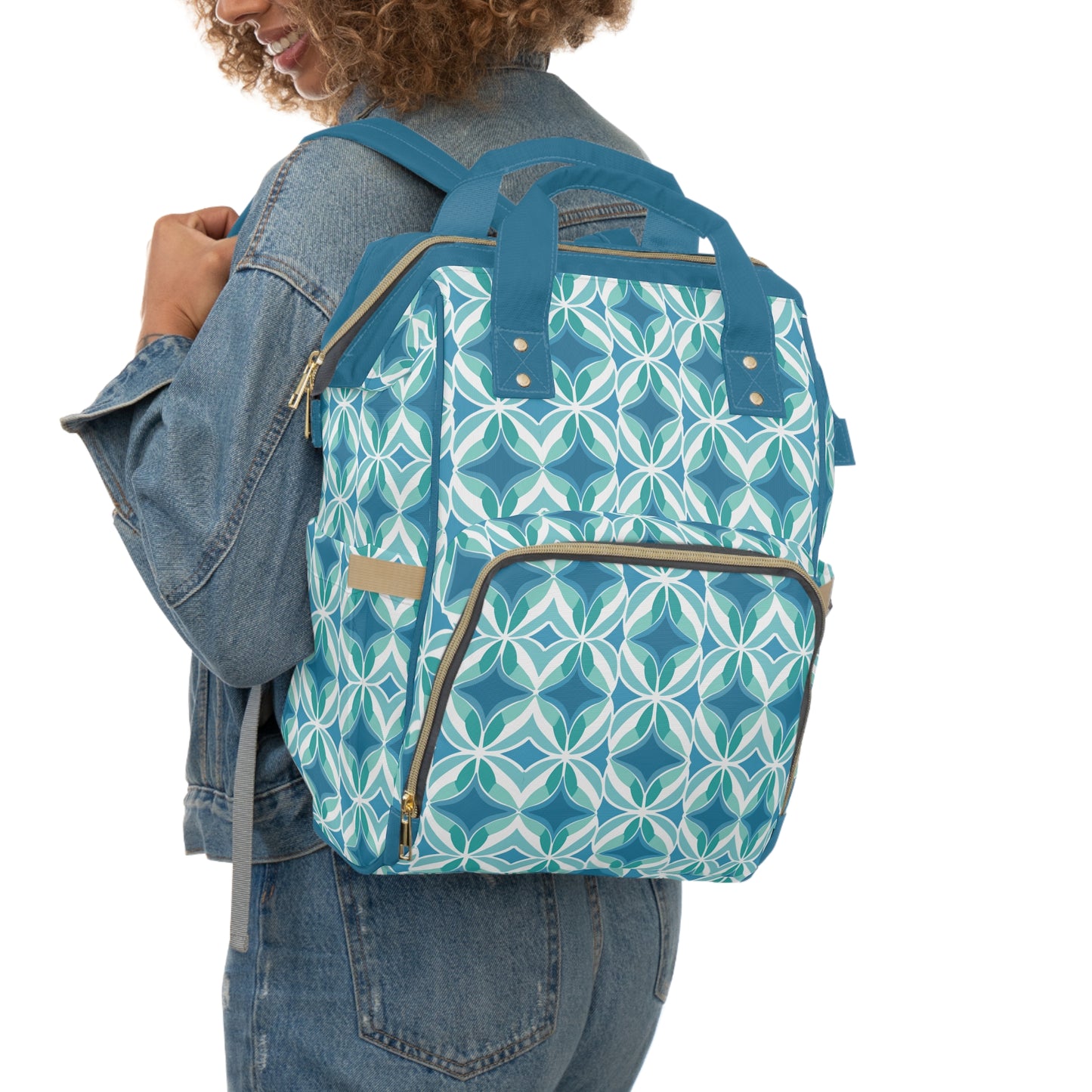 Retro Abstract Blue, Teal, and Aqua Pattern Multifunctional Diaper Backpack