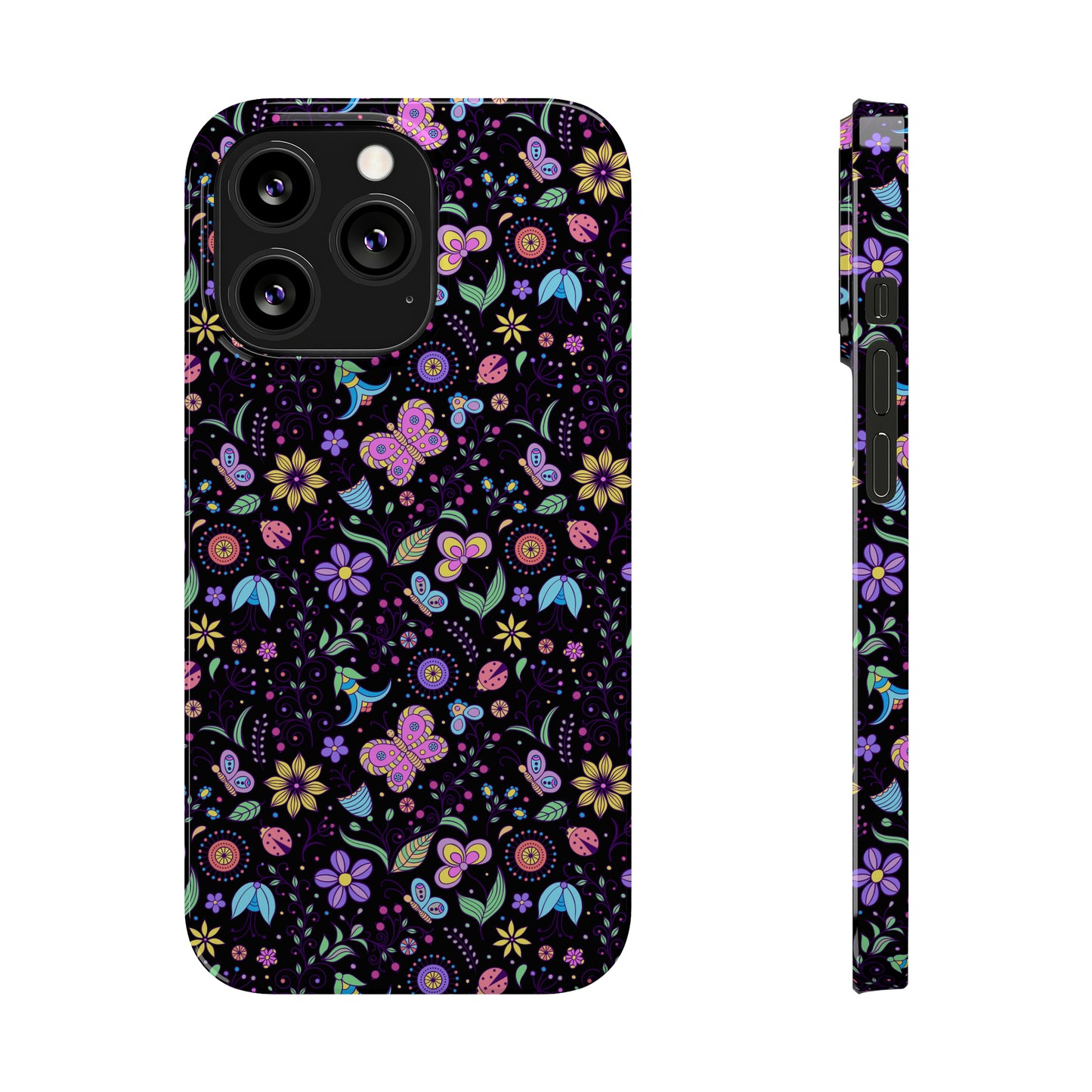 Butterflies and Flowers Black Background Iphone 15-12 Slim Phone Case