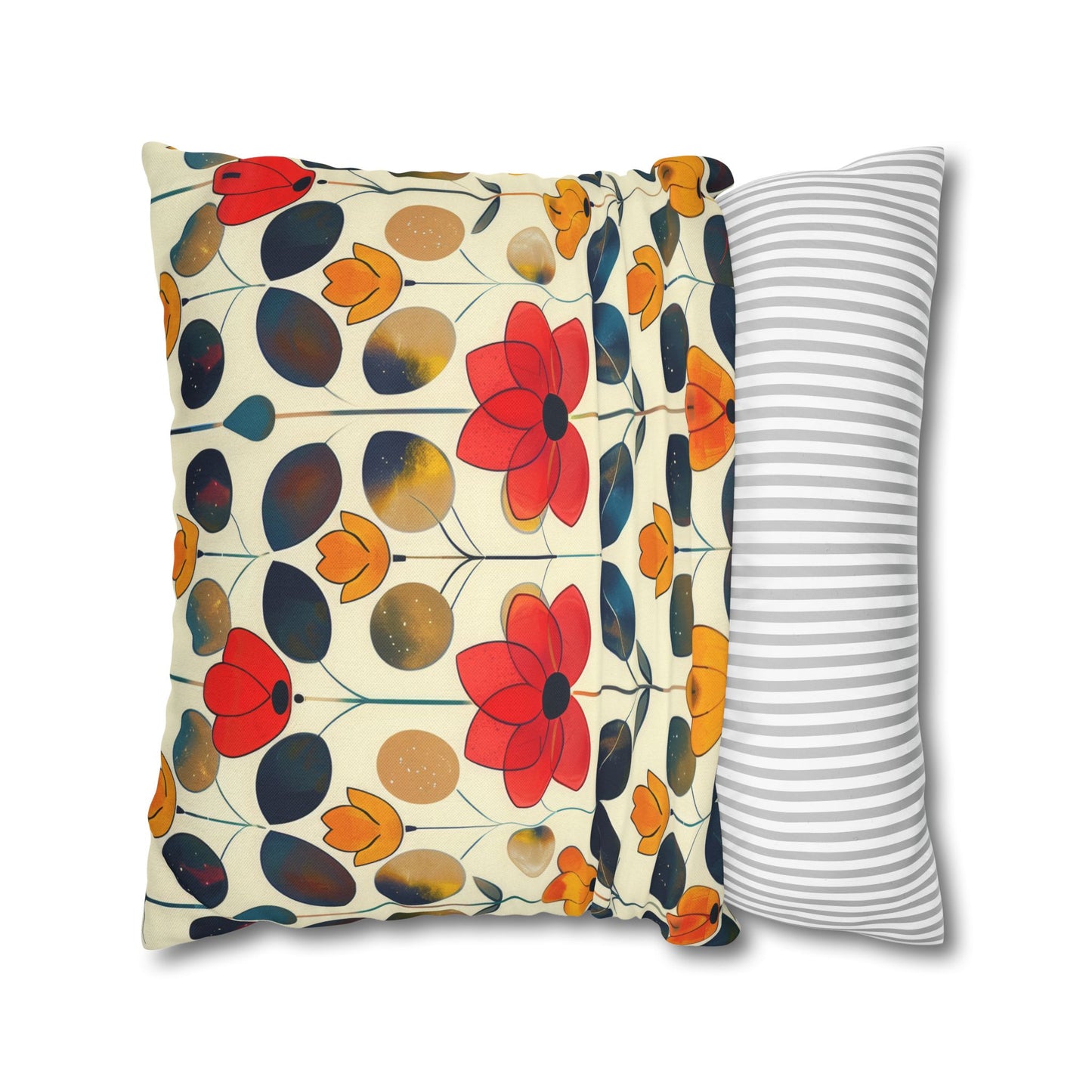 Whimsical Yellow, Red, and Blue Flower Design Spun Polyester Square Pillowcase 4 Sizes