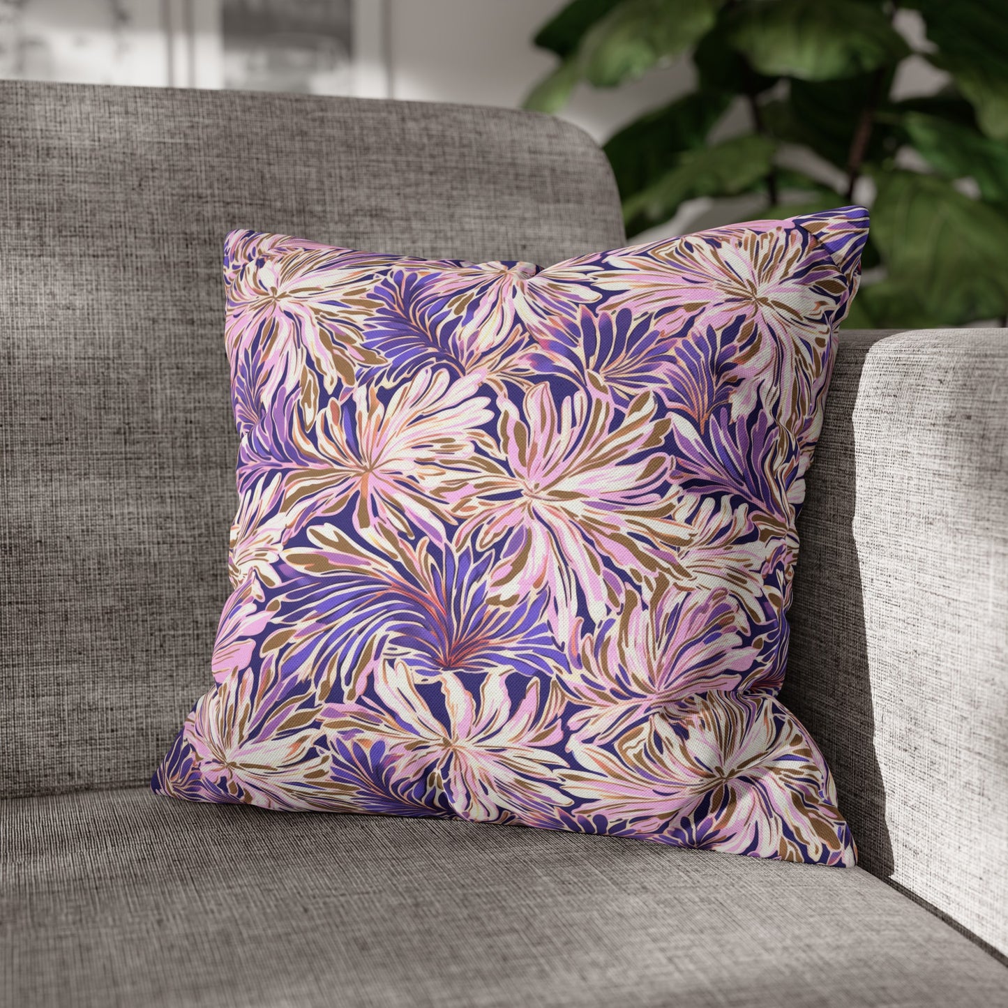 Gilded Blooms: Purple, Pink, and Gold Abstract Watercolor Flowers Spun Polyester Square Pillowcase 4 Sizes