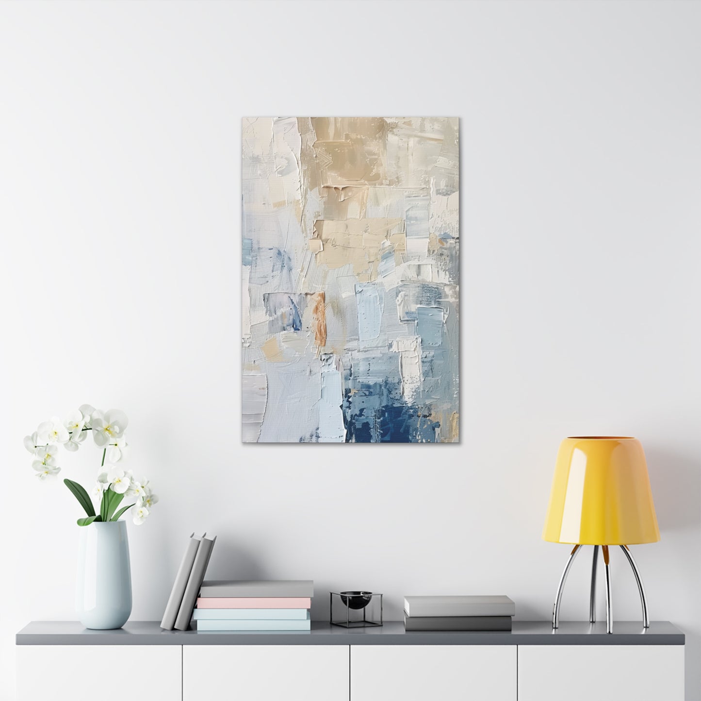 Bold Contrasts Abstract Tan, Grey and Blue Color Blocking with Heavy Strokes Print on Canvas Gallery - 13 Sizes