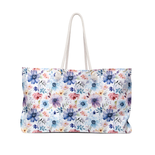 Pastel Pink Purple and Blue Watercolor Flowers  - Weekender Oversized Canvas Tote Bag 24" × 13"