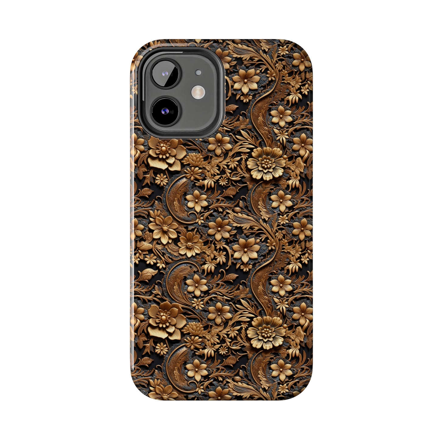 Tooled Leather Large Gold Flowers with Blue Leaf Swirl Accents Print Design Iphone Tough Phone Case