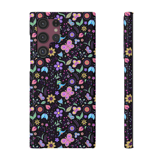 Butterflies and Flowers on Black Background Samsung Slim Cases