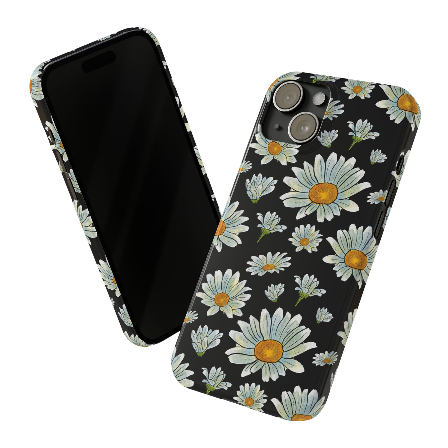 Large Watercolor Summer Daisies Blooming Against a Bold Black Background Iphone 15-12 Slim Phone Case