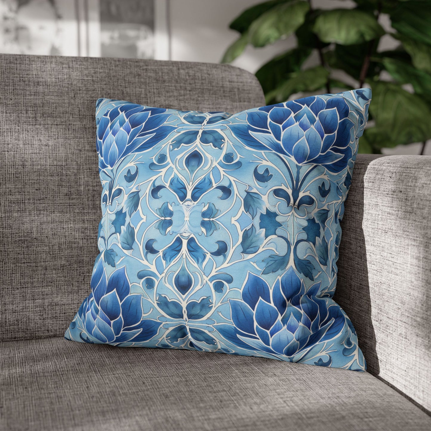 Exquisite Blue Lotus Elegance Floral Mosaic Design Spun Polyester Square Pillowcase 4 Sizes