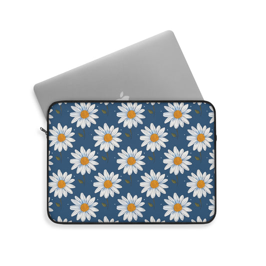 Elegant White Daisies on Navy Blue Background Laptop or Ipad Protective Sleeve 3 Sizes Available