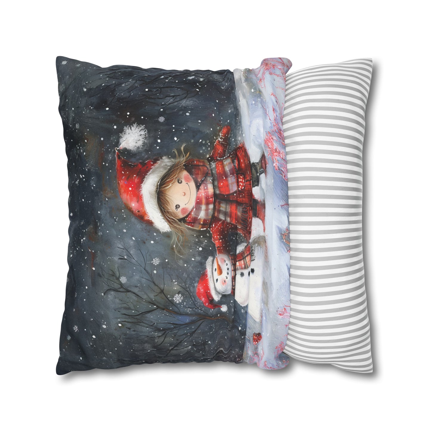 Little Girl and Snowman Sharing Winter's Wonder Spun Polyester Square Pillowcase 4 Sizes