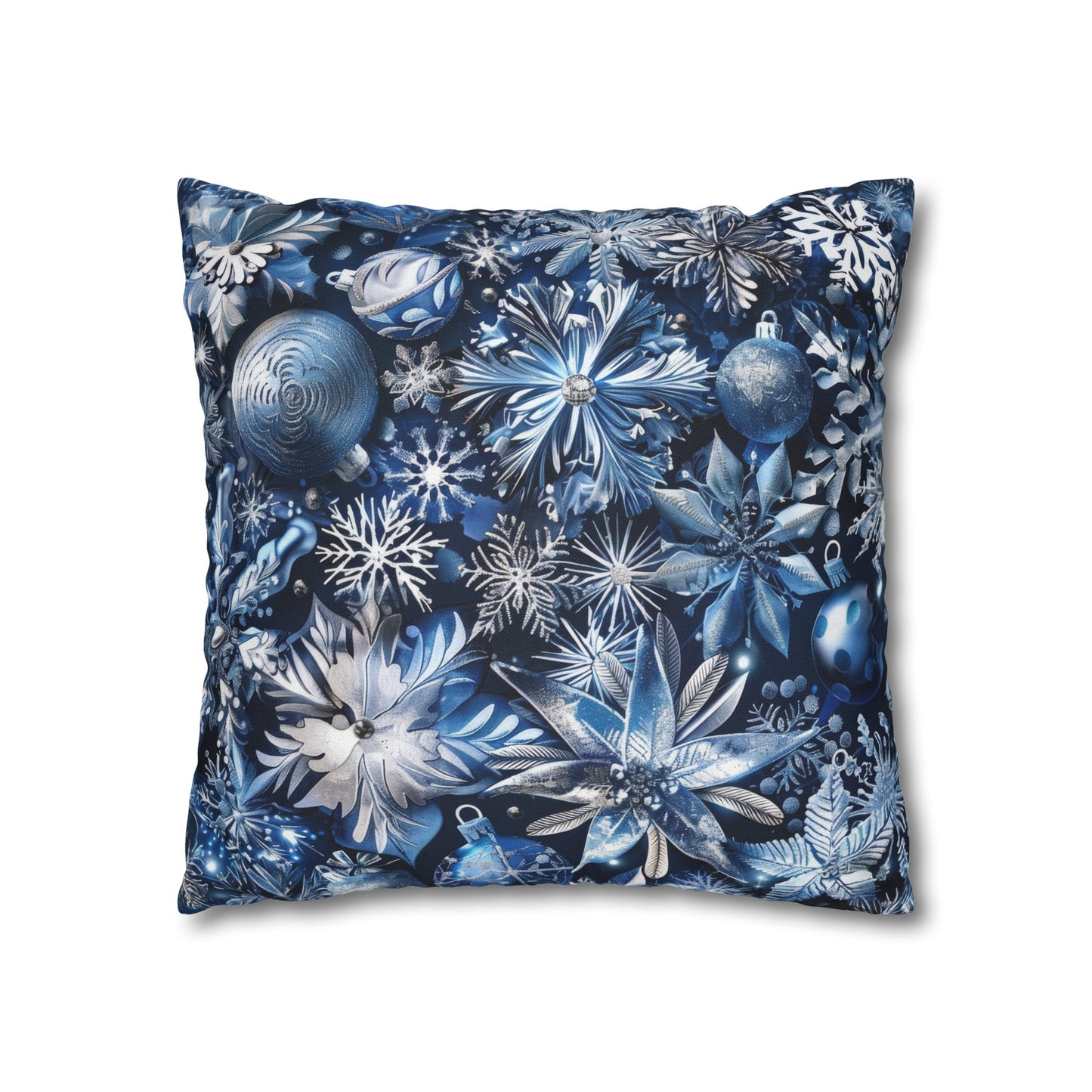 Winter Wonderland Festive Blue and Silver Snowflakes and Ornaments Spun Polyester Square Pillowcase 4 Sizes