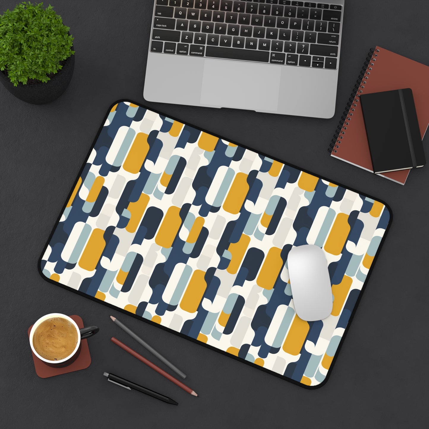 Modern Retro with Bold Geometric Pattern in Mustard and Navy Extended Gaming Mouse Pad  Desk Mat  - 3 Sizes