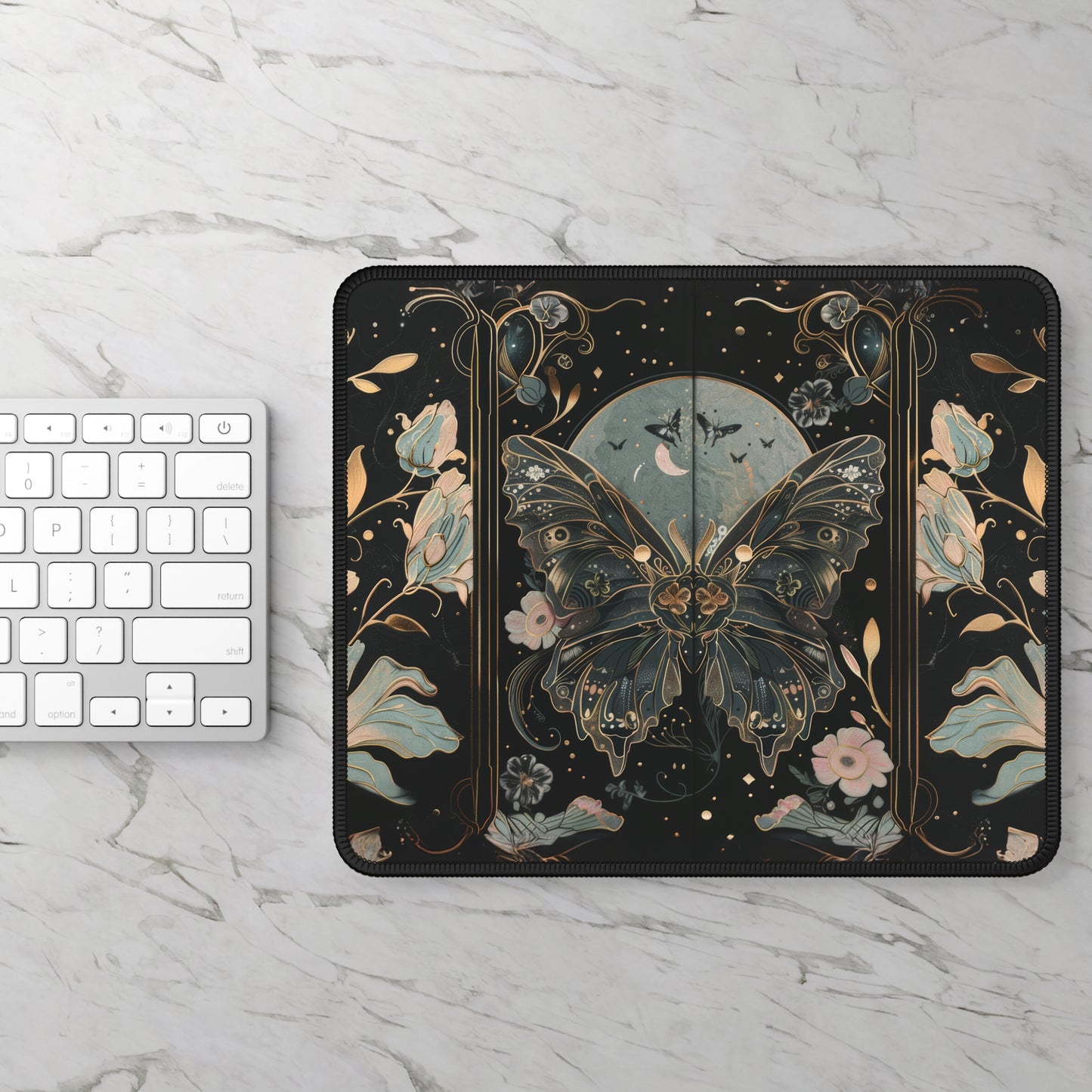 Golden Nocturne Art Nouveau Butterfly and Moonlit Floral Gaming Mouse Pad with Finished Edges