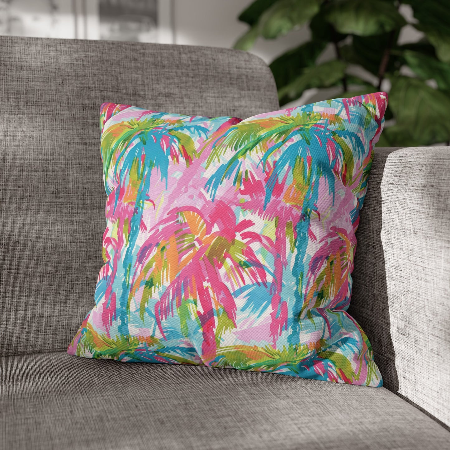 Pastel Paradise: Palm Trees in Soft Blues, Pinks, and Greens Spun Polyester Square Pillowcase 4 Sizes