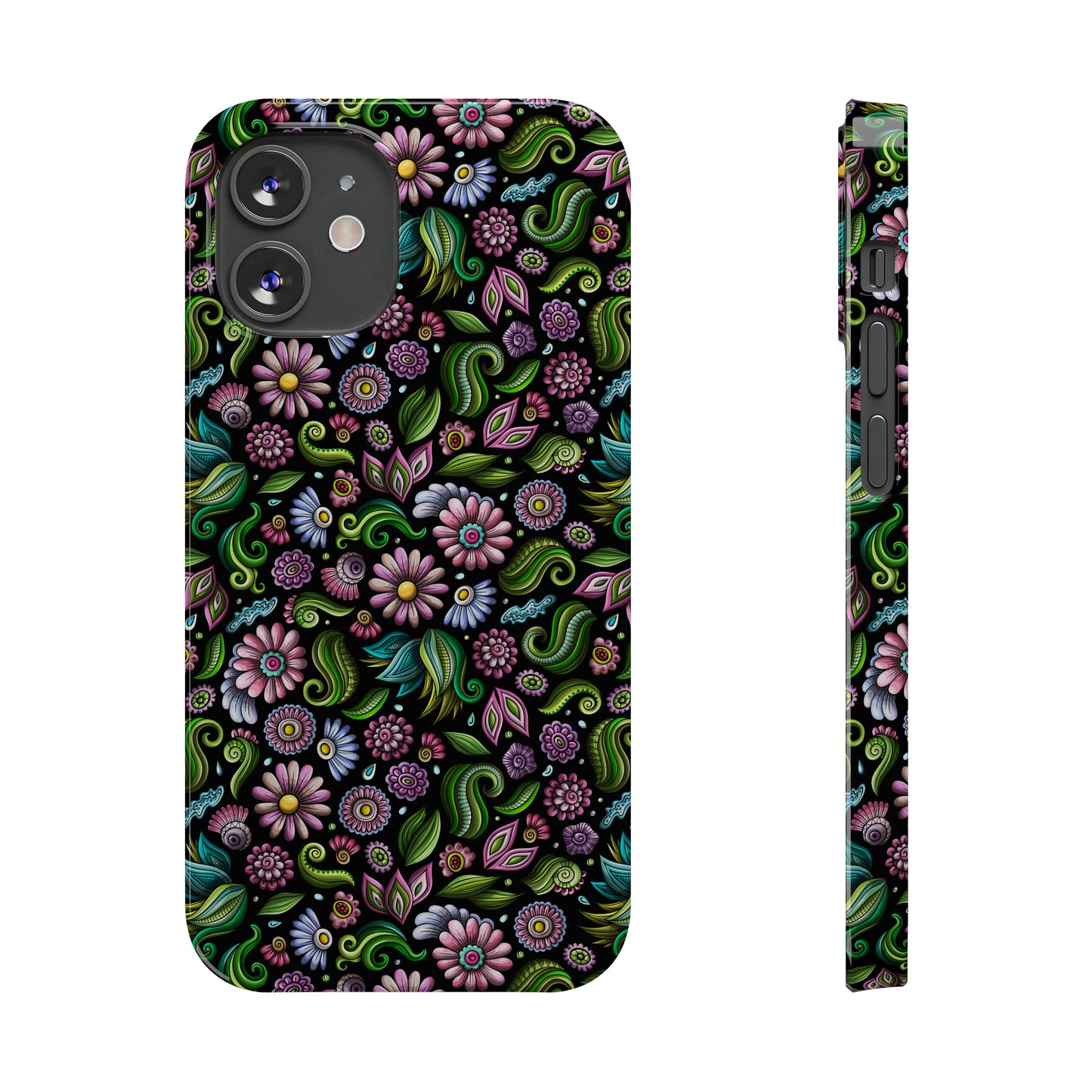 Purple & Pink Daisy Floral Print on Black Background Iphone 15-12 Slim Phone Case