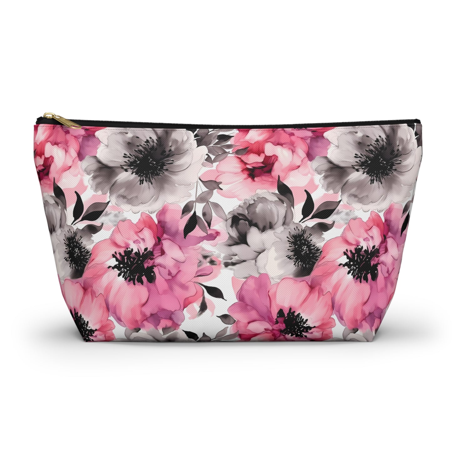 Graceful Elegance: Large Pink and Grey Watercolor Flower Design - Makeup & Accessory Bag 2 Sizes