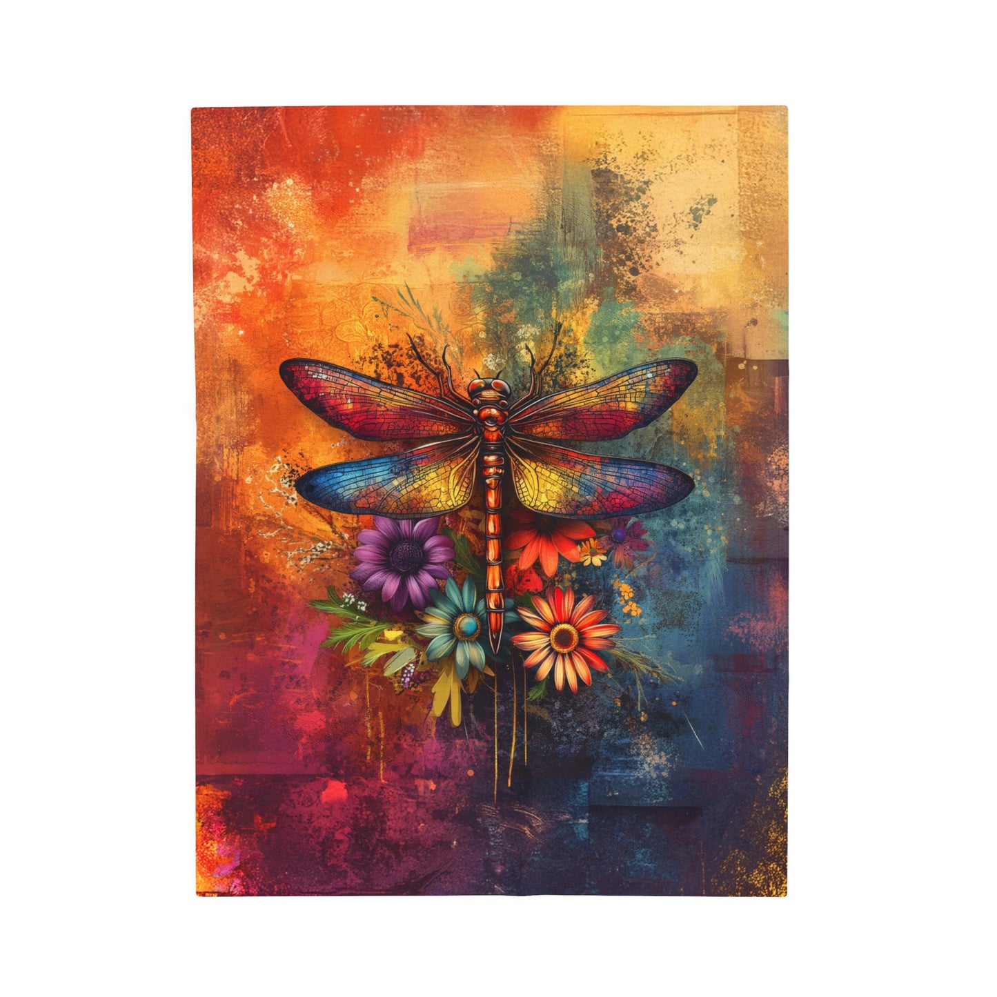 Mesmerizing Vibrant Dragonfly and Flowers Velveteen Plush Blanket 3 Sizes