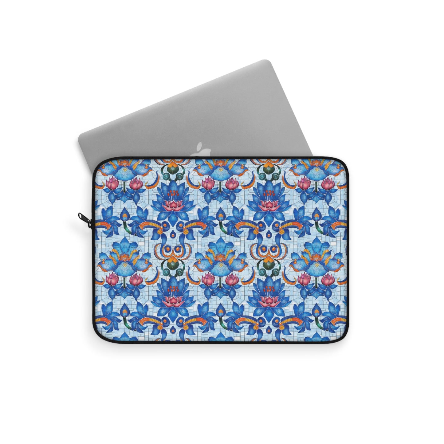 Majestic Mosaic Blossoms Vibrant Blue and Pink Floral Tile Design Laptop or Ipad Protective Sleeve 3 Sizes Available