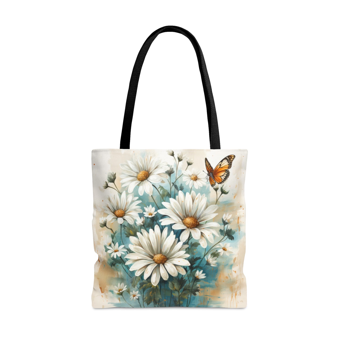 Rustic Farmhouse Teal and White Wild Daisies and Butterflies - Canvas Tote 3 Sizes