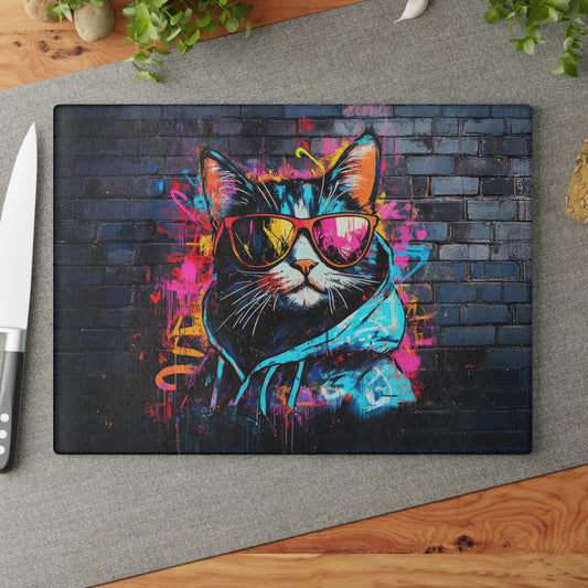 Urban Purrfection Vibrant Graffiti Cat with Sunglasses Glass Cutting Board - 2 Sizes